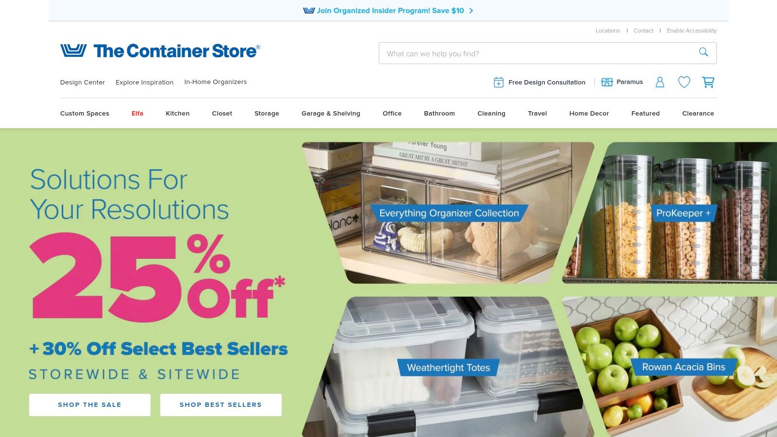 The Container Store's homepage featuring organizational products.