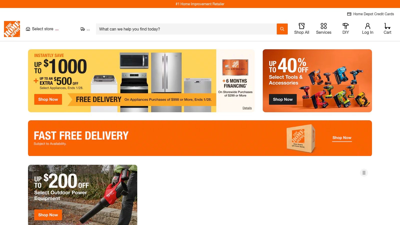 The Home Depot's homepage showing current sales and promotions.