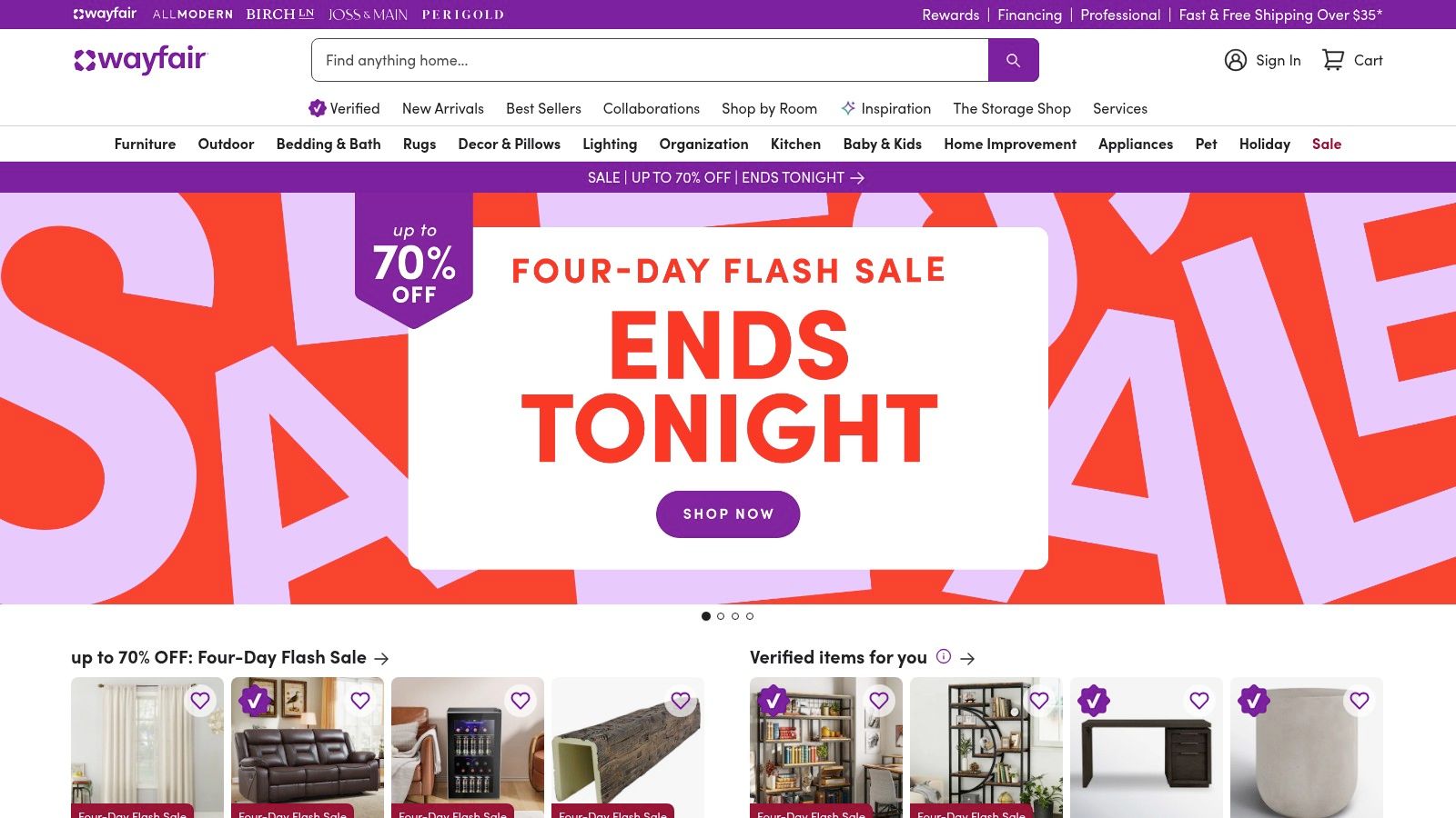 Wayfair's homepage showing a flash sale on various home goods.