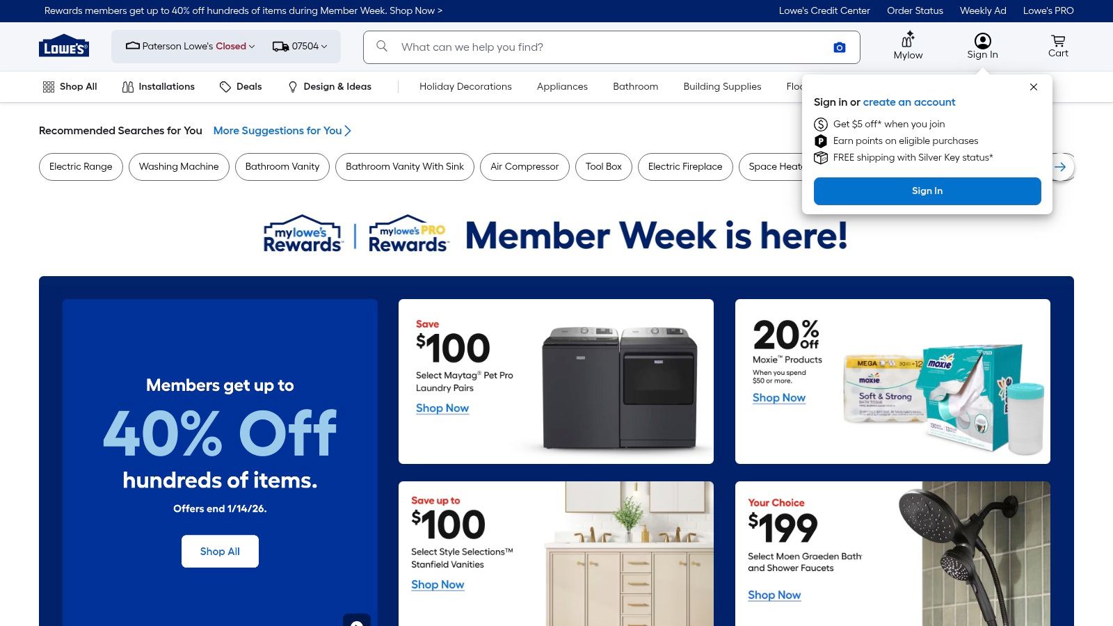 Lowe's homepage featuring promotions and product categories.