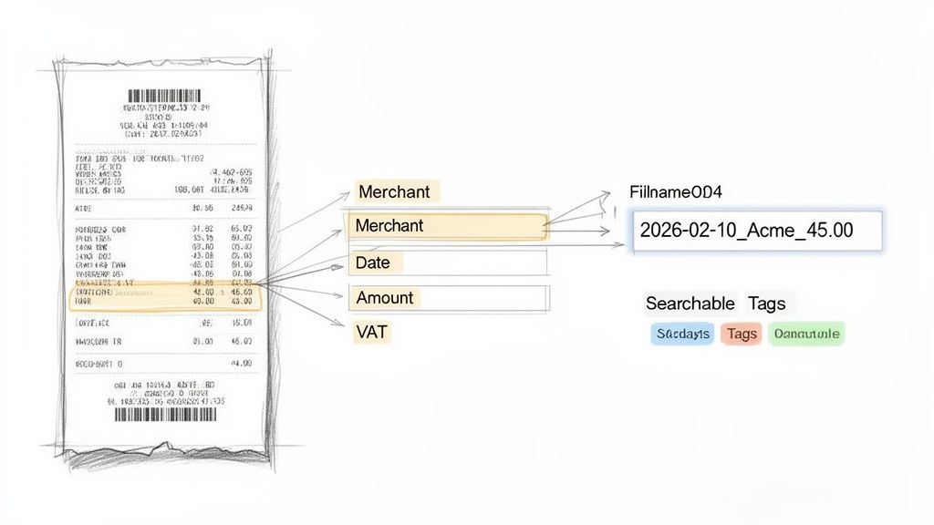 A receipt with highlighted data fields for merchant, date, amount, and VAT, showing an example of receipt organization.