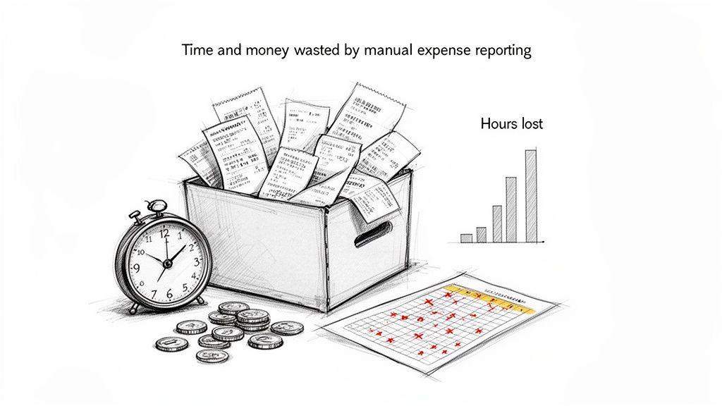 Drawing depicting the inefficiencies of manual expense reporting, including a box of receipts, a clock, coins, and a graph.