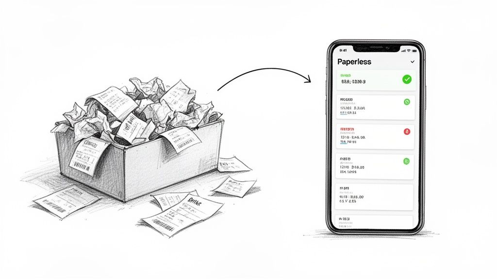 A box full of messy paper receipts transforms into an organized digital list on a smartphone screen, illustrating paperless management.