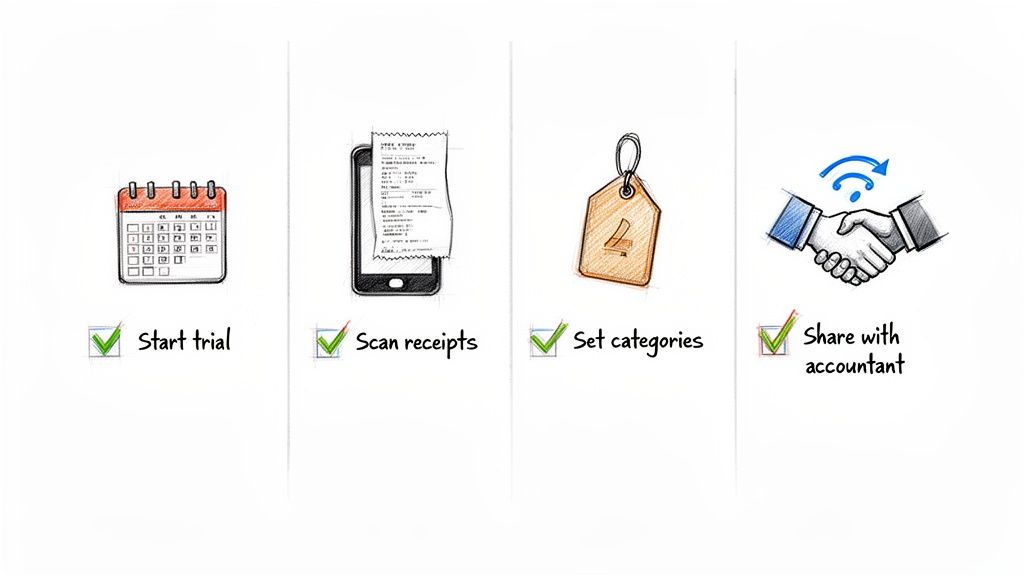 Four illustrated steps for an accounting app: start trial, scan receipts, set categories, and share with accountant.