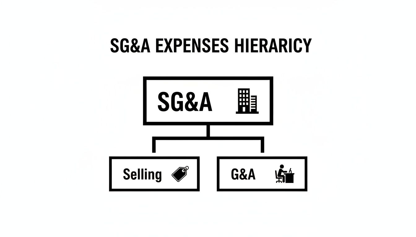 A black and white hierarchy chart showing SG&A expenses broken down into Selling and G&A components.