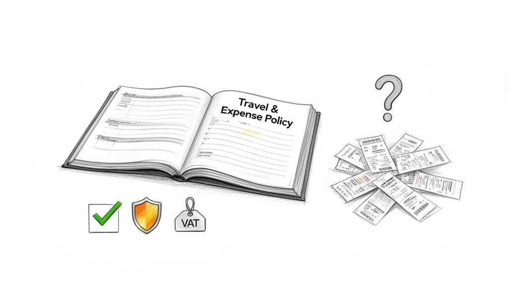 A drawing of a 'Travel & Expense Policy' book, receipts, question mark, checkmark, shield, and VAT tag.