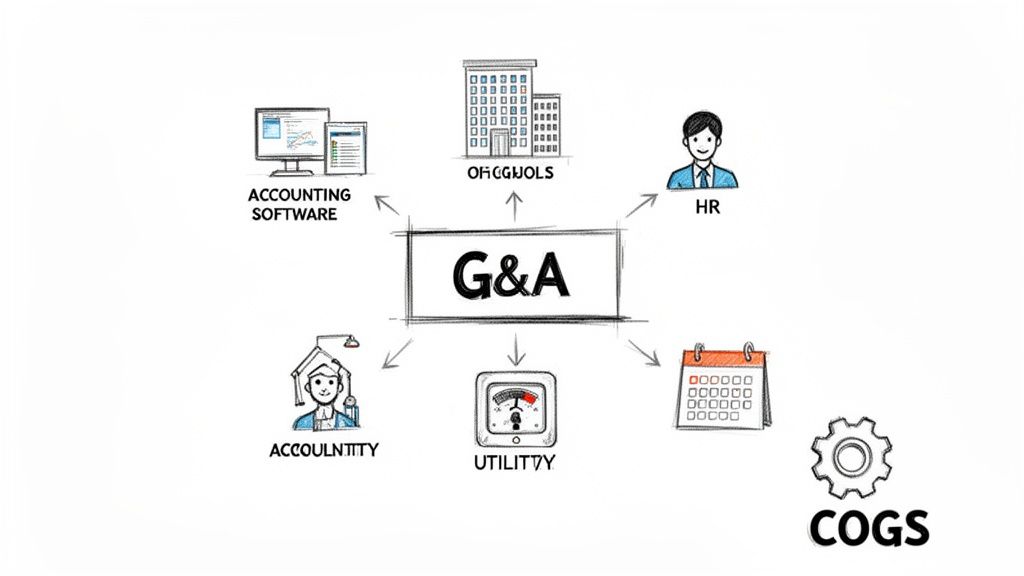Diagram showing General & Administrative expenses connected to accounting, HR, offices, utilities, and COGS.