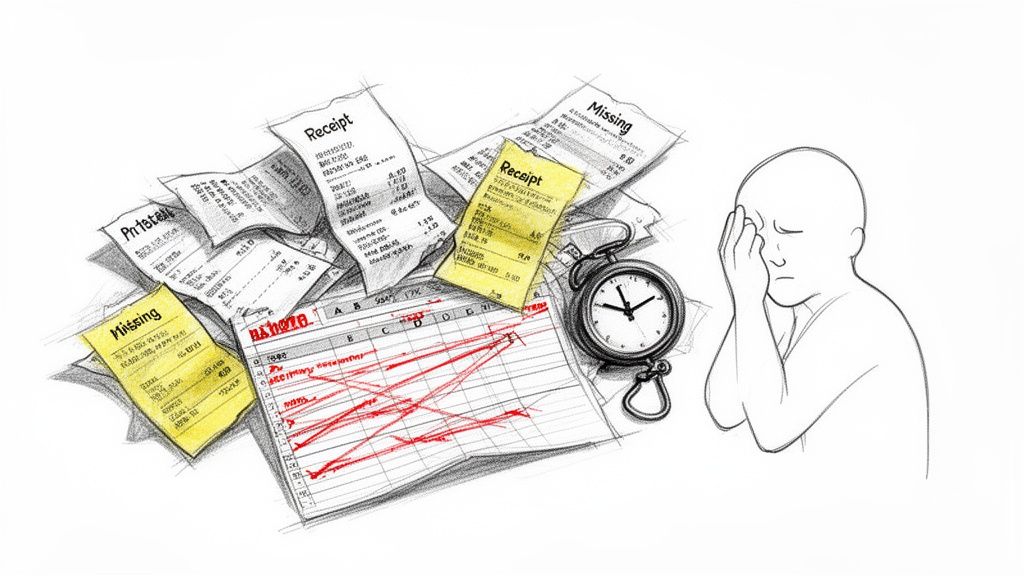 A person looking distressed, surrounded by receipts, a spreadsheet with red marks, and a pocket watch.