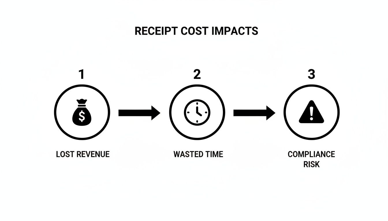 A flowchart illustrates three receipt cost impacts: lost revenue, wasted time, and compliance risk.