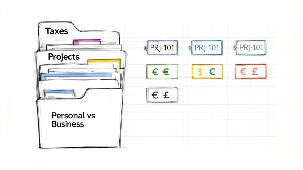 Illustration of file folders for taxes, projects, and personal vs business, with project and currency tags.