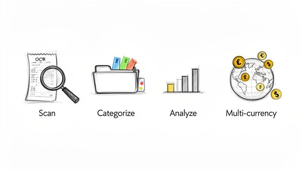 Four illustrations depicting scan, categorize, analyze, and multi-currency capabilities for financial software.