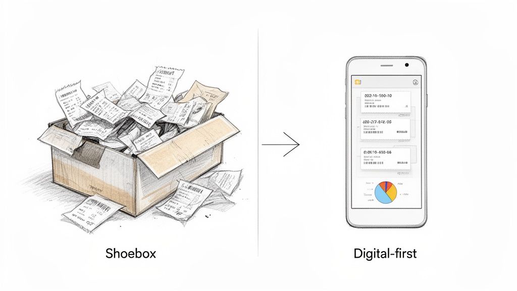 Illustrates the shift from messy paper receipts in a shoebox to efficient digital expense tracking.