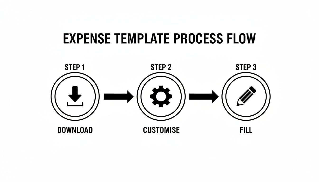 A three-step expense template process flow diagram: download, customise, and fill actions.