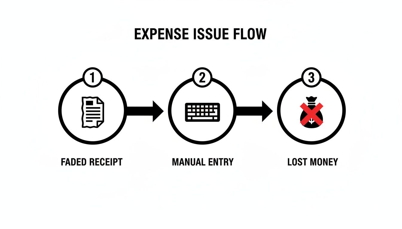 An expense issue flow diagram showing faded receipts leading to manual entry, resulting in lost money.