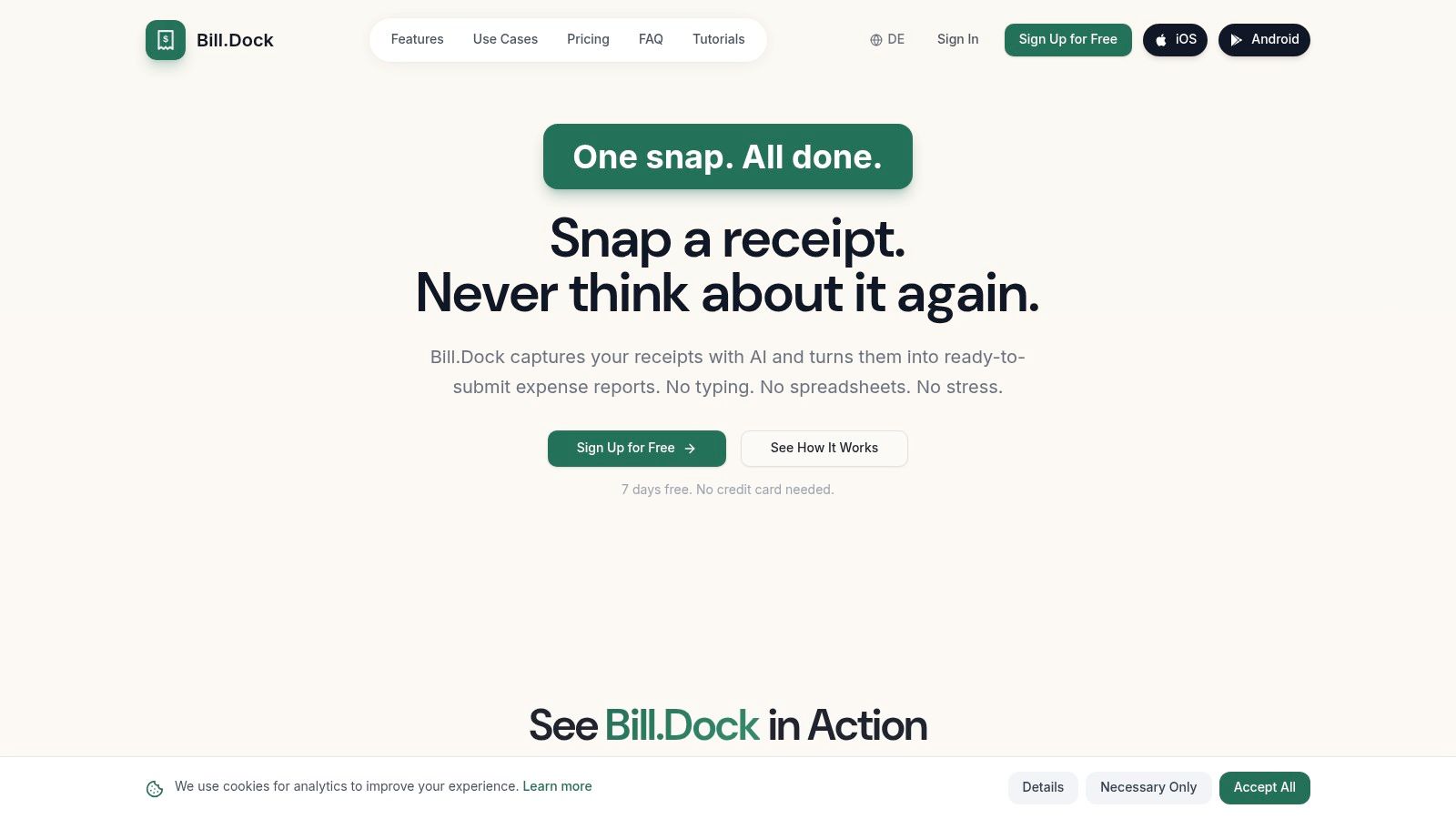 Bill.Dock dashboard showing expense tracking and receipt management.