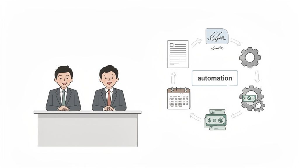Two cartoon men at a desk alongside a diagram illustrating legal document automation and financial processing.