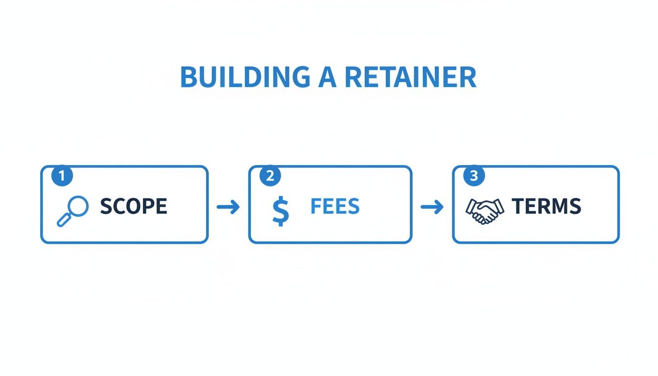 A flowchart showing three steps to building a retainer: 1. Scope, 2. Fees, and 3. Terms.