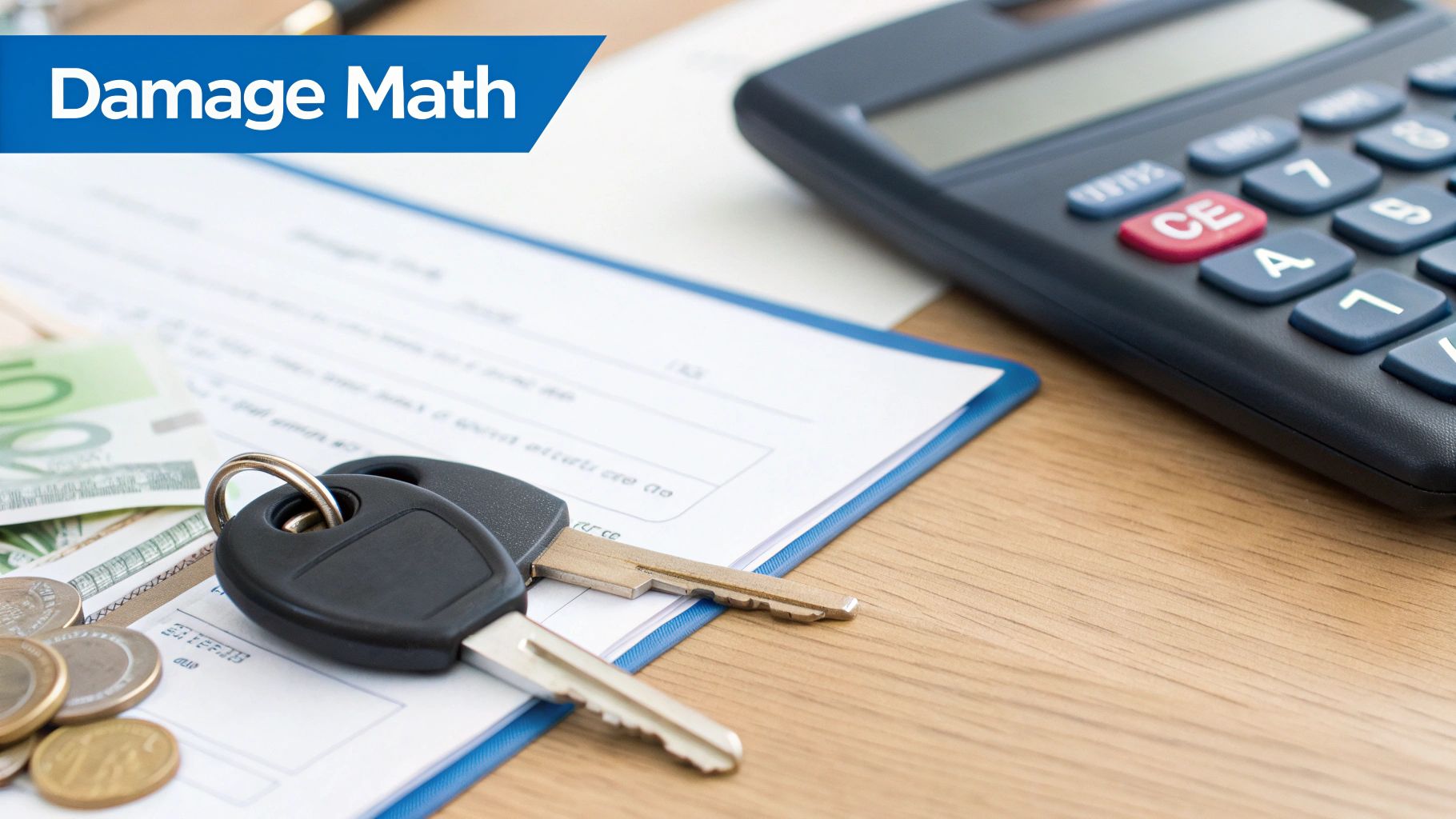 Car keys, currency, documents, and a calculator on a wooden desk, representing financial calculations.