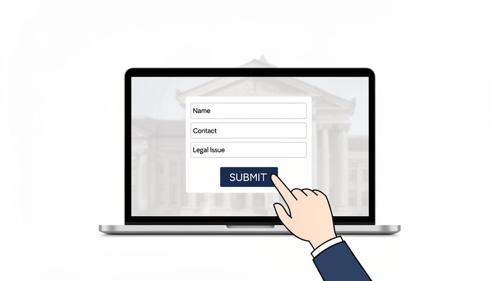 A hand clicks the submit button on a laptop screen showing a legal client intake form.