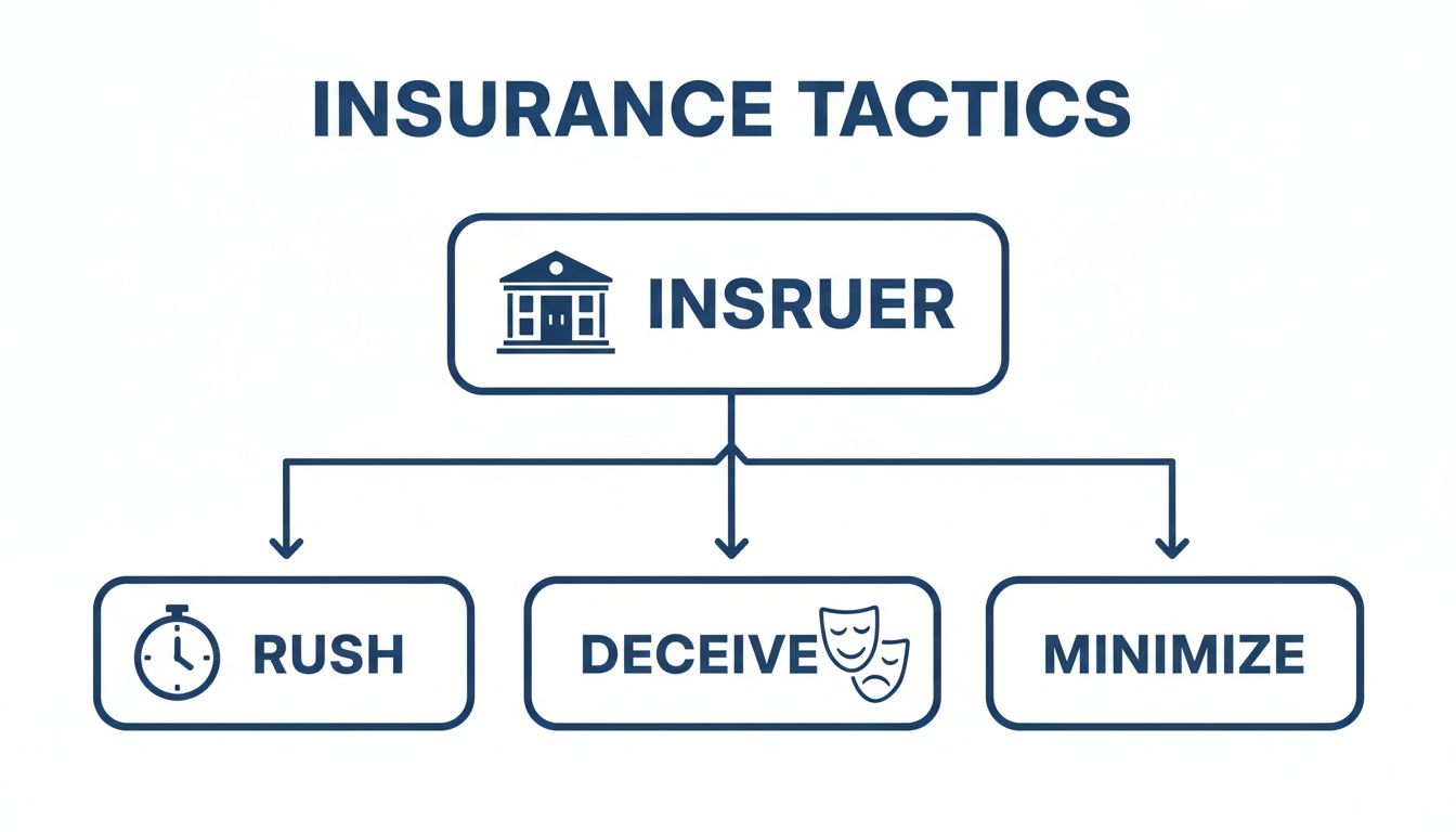 A flowchart titled 'Insurance Tactics' showing that insurers use methods like rush, deceive, and minimize.