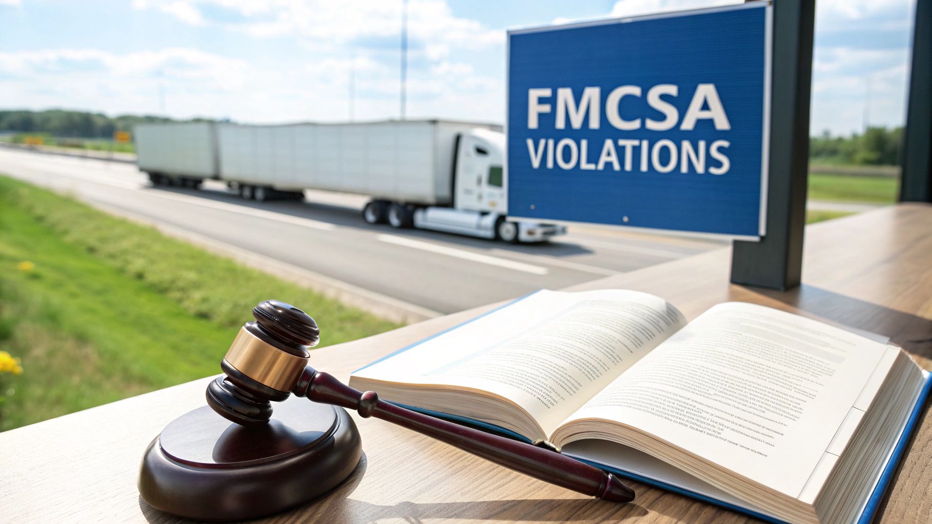 Gavel and law book on a desk, with a semi-truck and FMCSA violations sign on a highway.