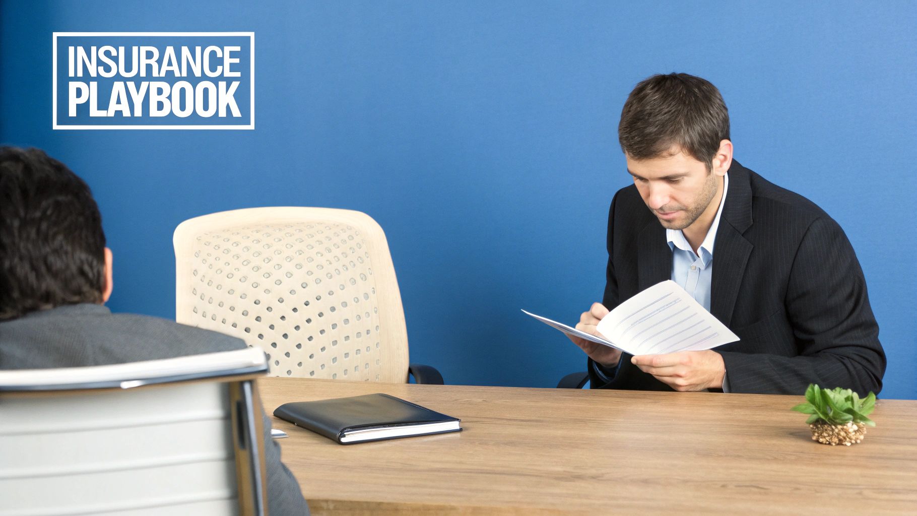 Two businessmen in a modern office, one reading documents under an 'Insurance Playbook' sign.