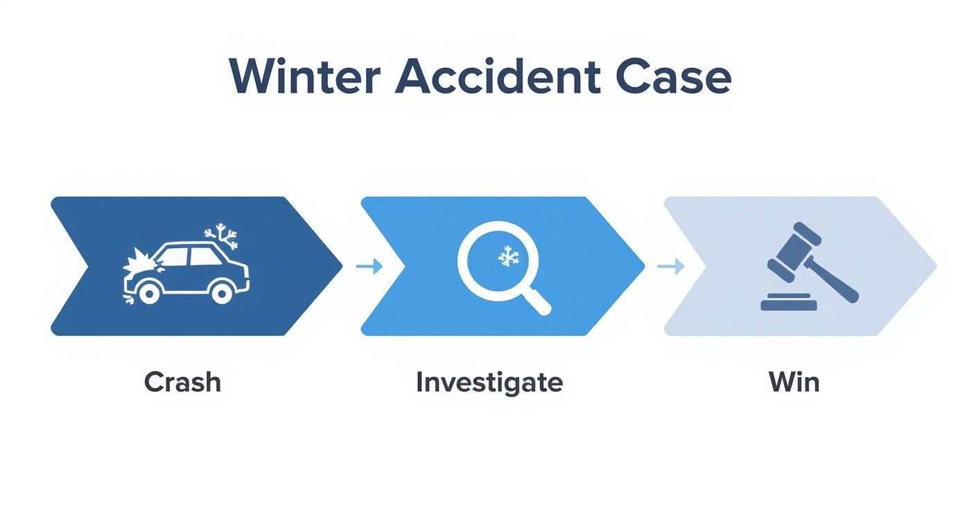 A flowchart showing the steps of a winter accident case: crash, investigate, and win.