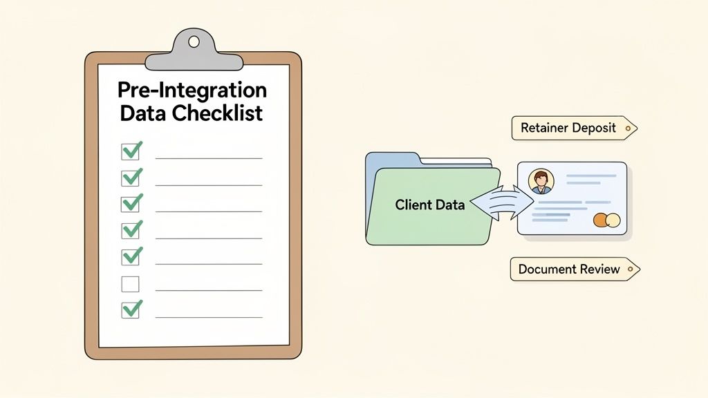 An image illustrating a pre-integration data checklist and client data management process, including document review.