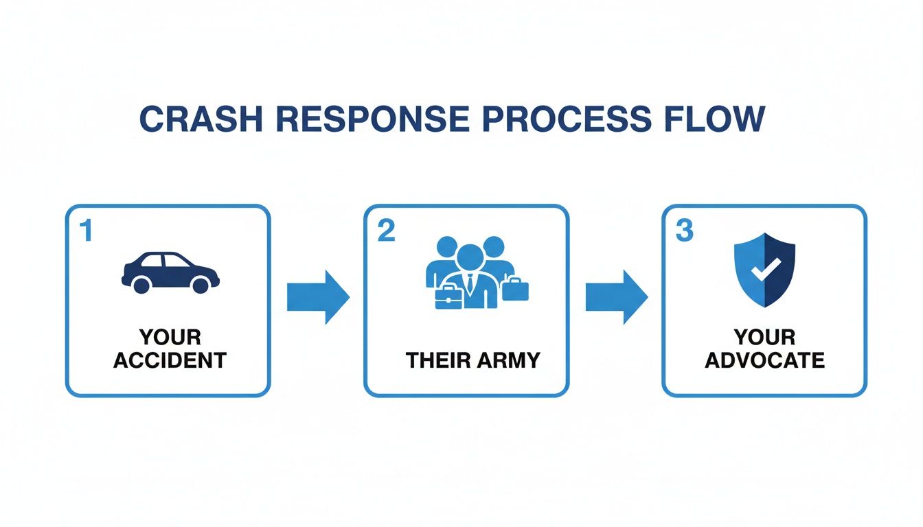 A flowchart showing the crash response process: Your Accident, Their Army, and Your Advocate.
