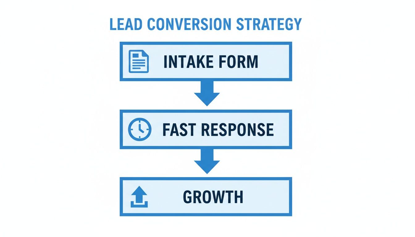 Infographic illustrating the three steps of a lead conversion strategy: Intake Form, Fast Response, Growth.