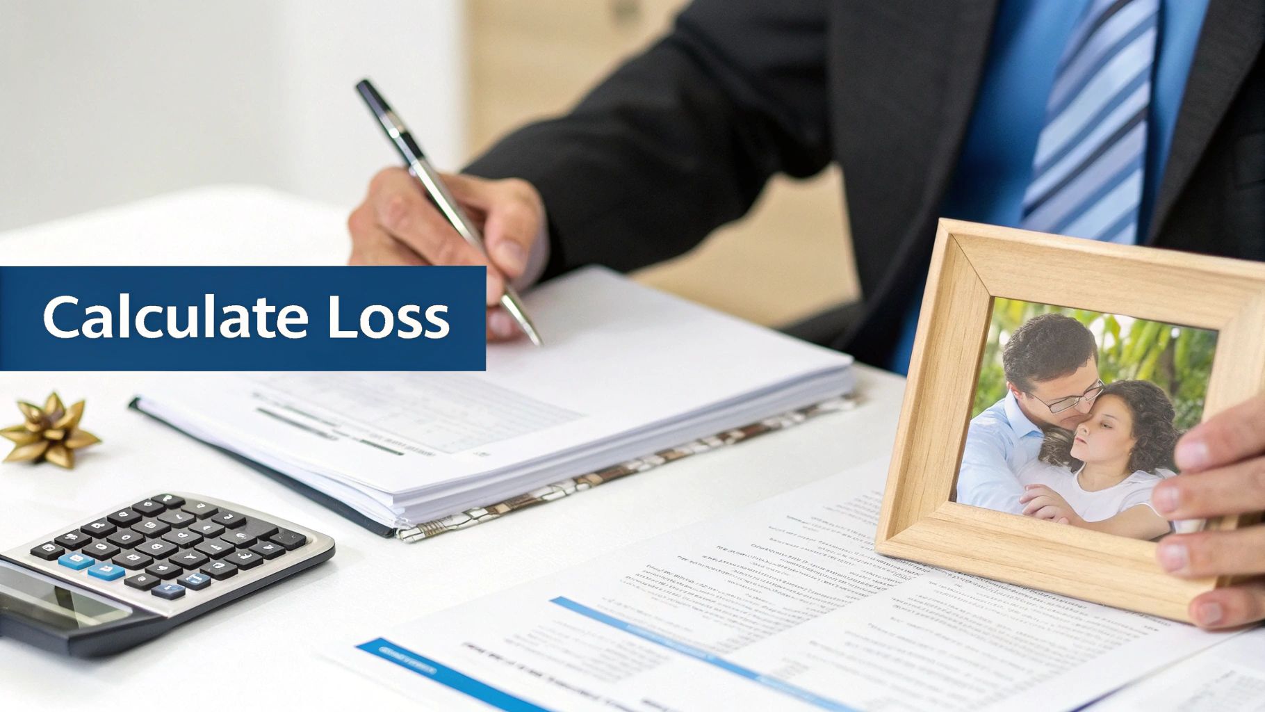 A man calculates loss, signing papers and holding a family photo, with a calculator and documents on a desk.