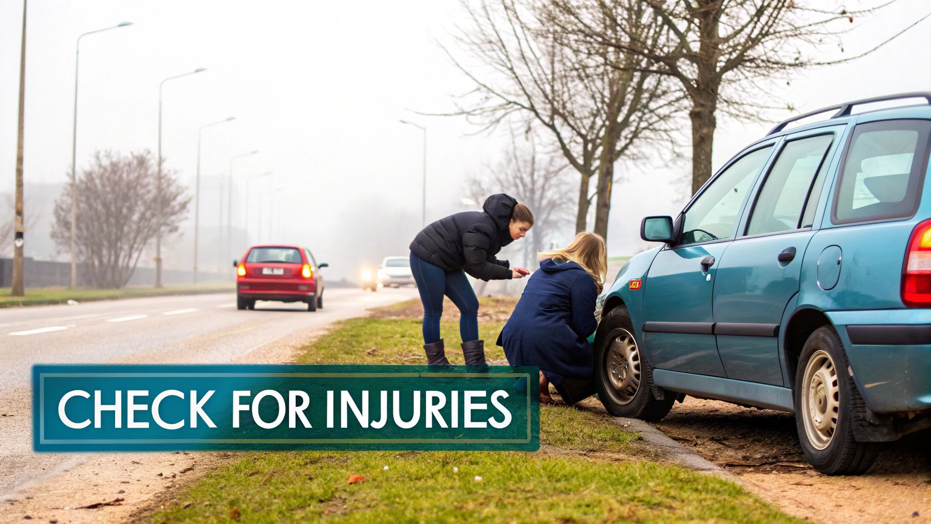 People documenting a car accident with their phones, showing the damaged vehicles and the scene.