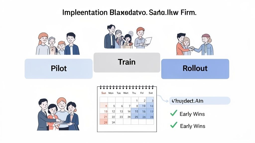 A visual illustrating project implementation phases: Pilot, Train, and Rollout, with a calendar and early wins.