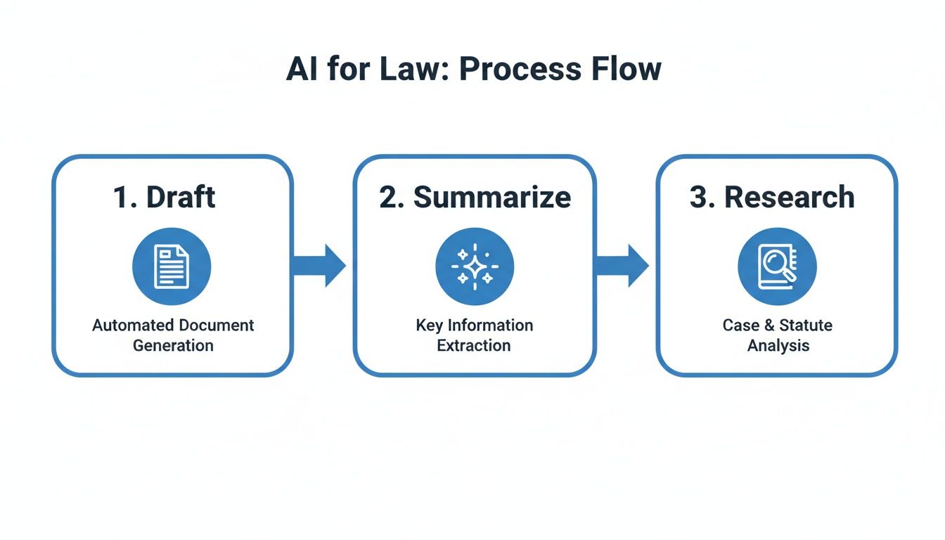 AI for Law process diagram showing automated document generation, key information extraction, and legal research.