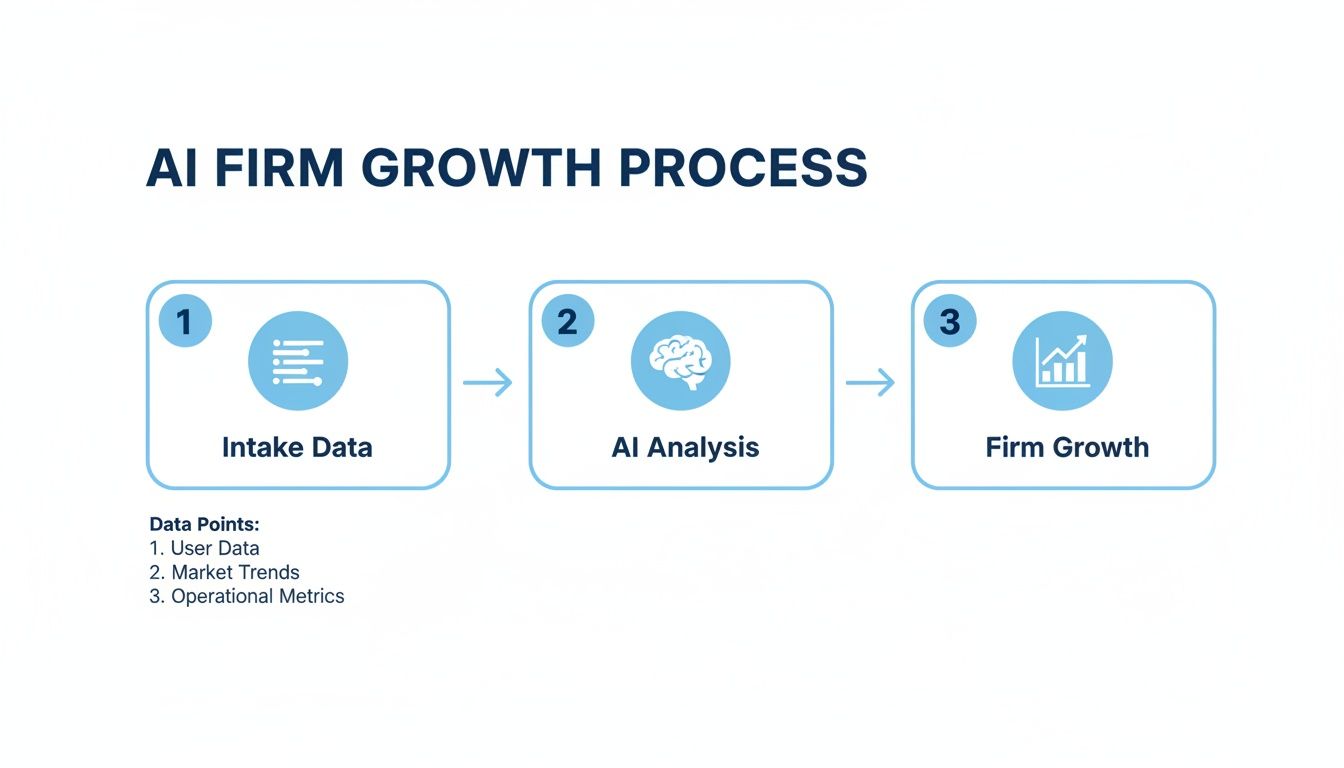 A three-step diagram outlines the AI firm growth process, from data intake to AI analysis and ultimate growth.