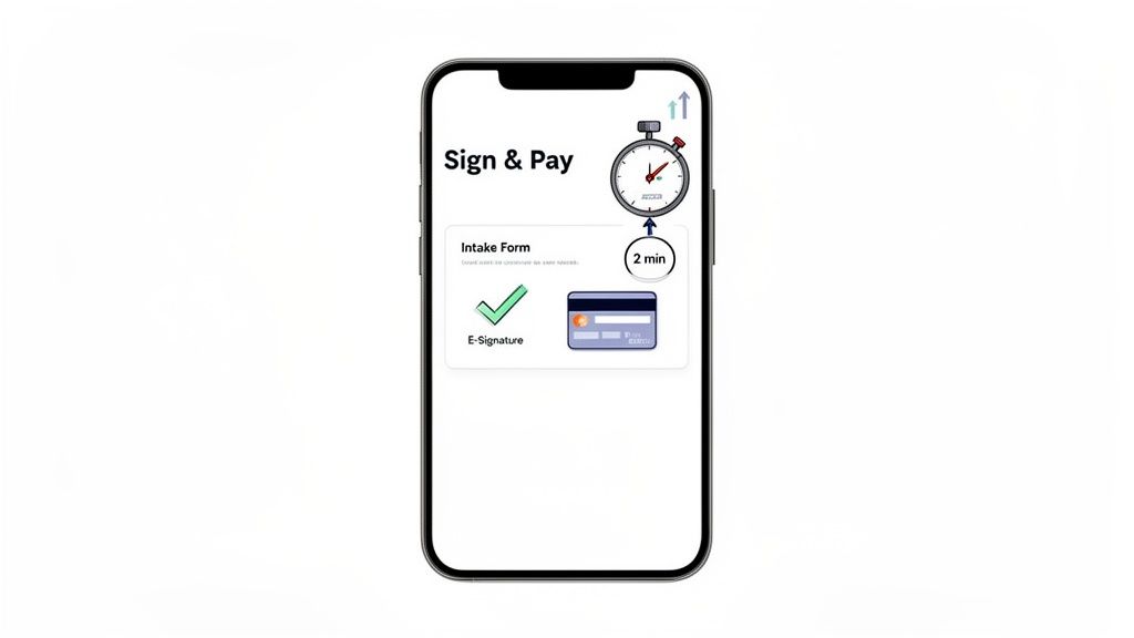 A smartphone app displaying a 'Sign & Pay' screen for quick intake forms, e-signature, and payment.