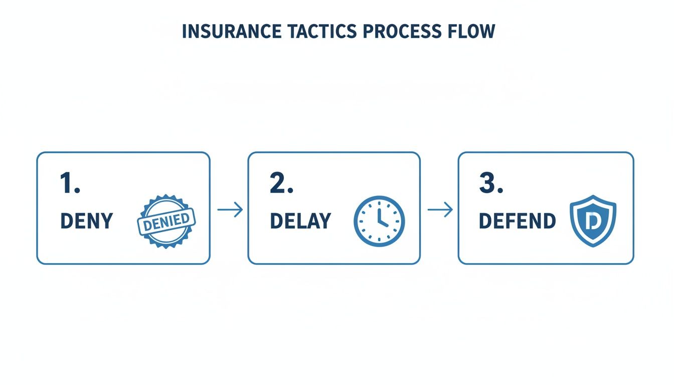 A process flow diagram illustrating insurance tactics: 1. Deny, 2. Delay, 3. Defend.