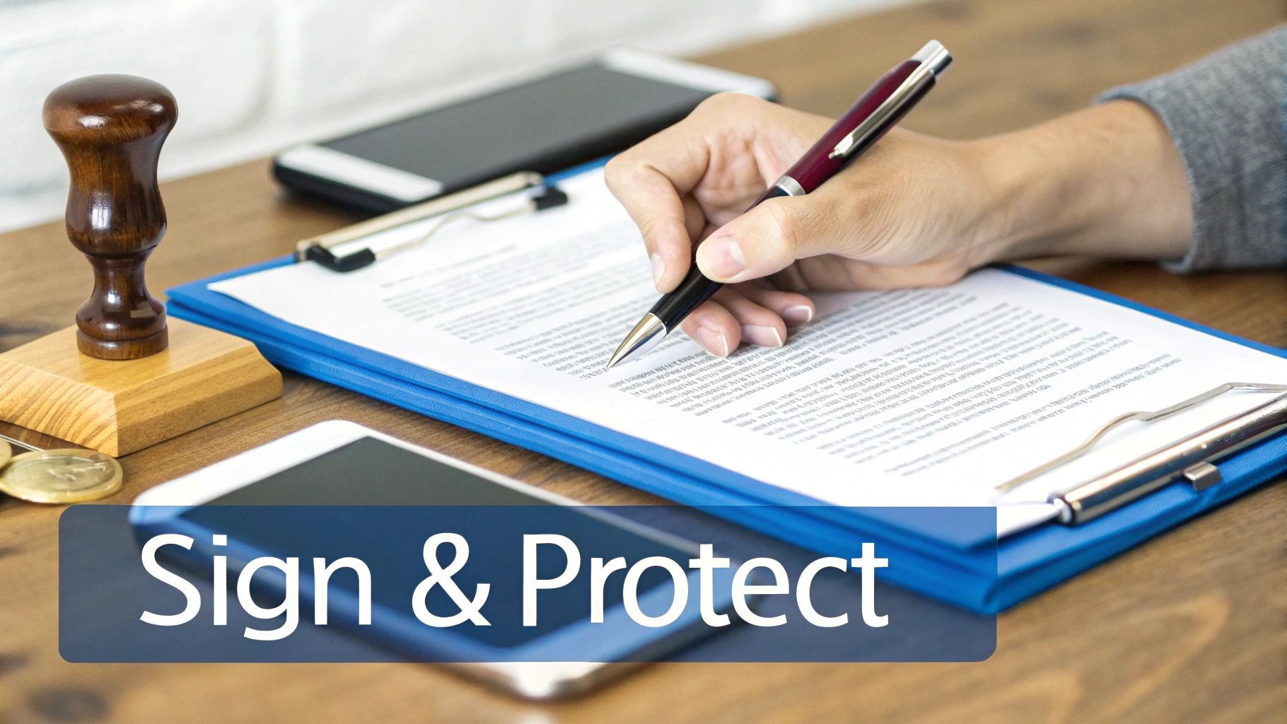 A hand signs a document on a blue clipboard, symbolizing contracts and legal paperwork.