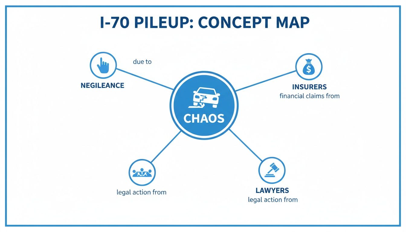An I-70 pileup concept map showing chaos leading to negligence, insurer claims, and legal actions.