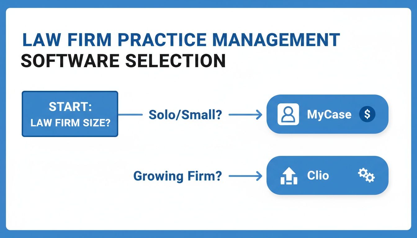 Flowchart guiding law firm practice management software selection, recommending MyCase for solo/small firms and Clio for growing firms.