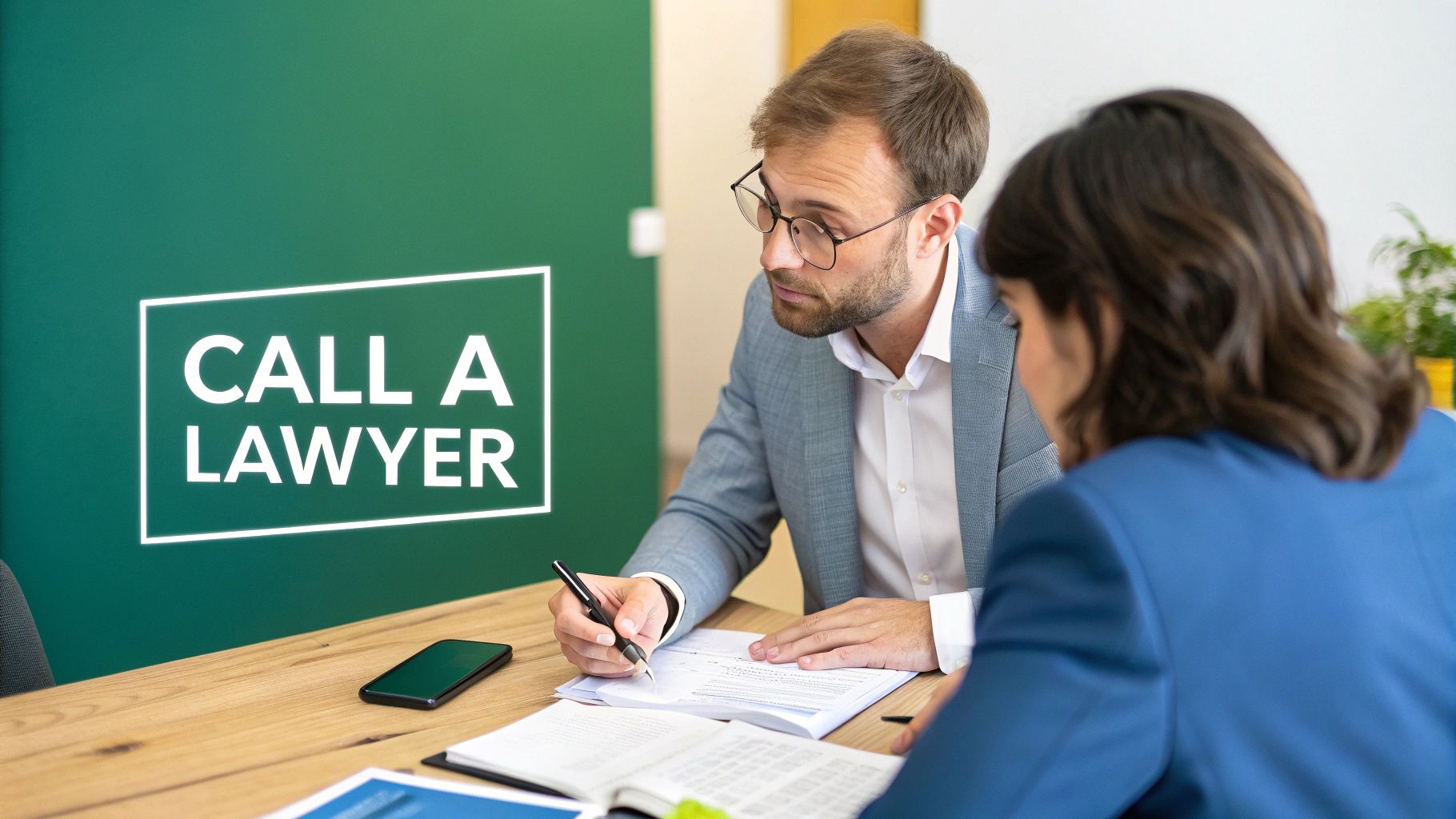 A personal injury lawyer consults with a client in a professional office setting.