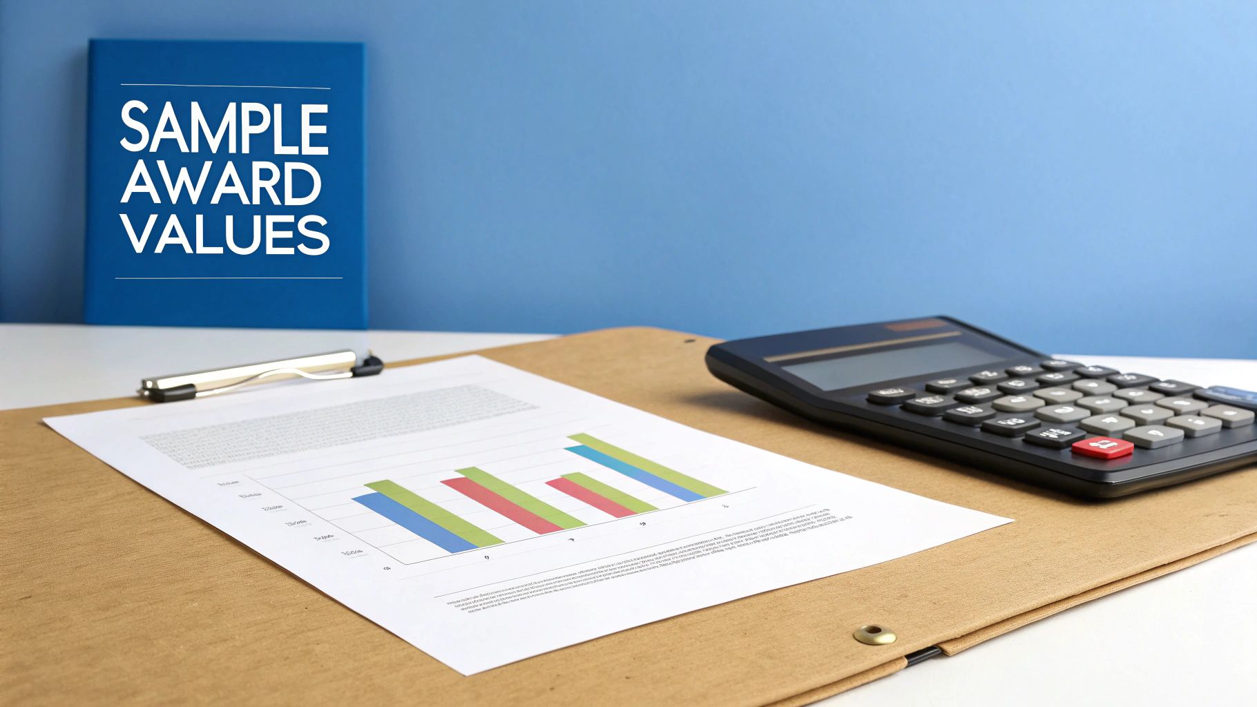 A calculator, financial chart, pen, and a binder with 'SAMPLE AWARD VALUES' on a desk.
