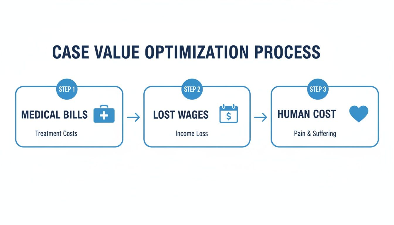 Flowchart illustrating case value optimization process: medical bills, lost wages, and human cost factors.