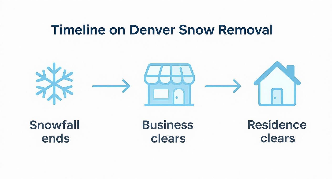 Timeline infographic showing Denver snow removal priority order from snowfall ending to business then residential clearing