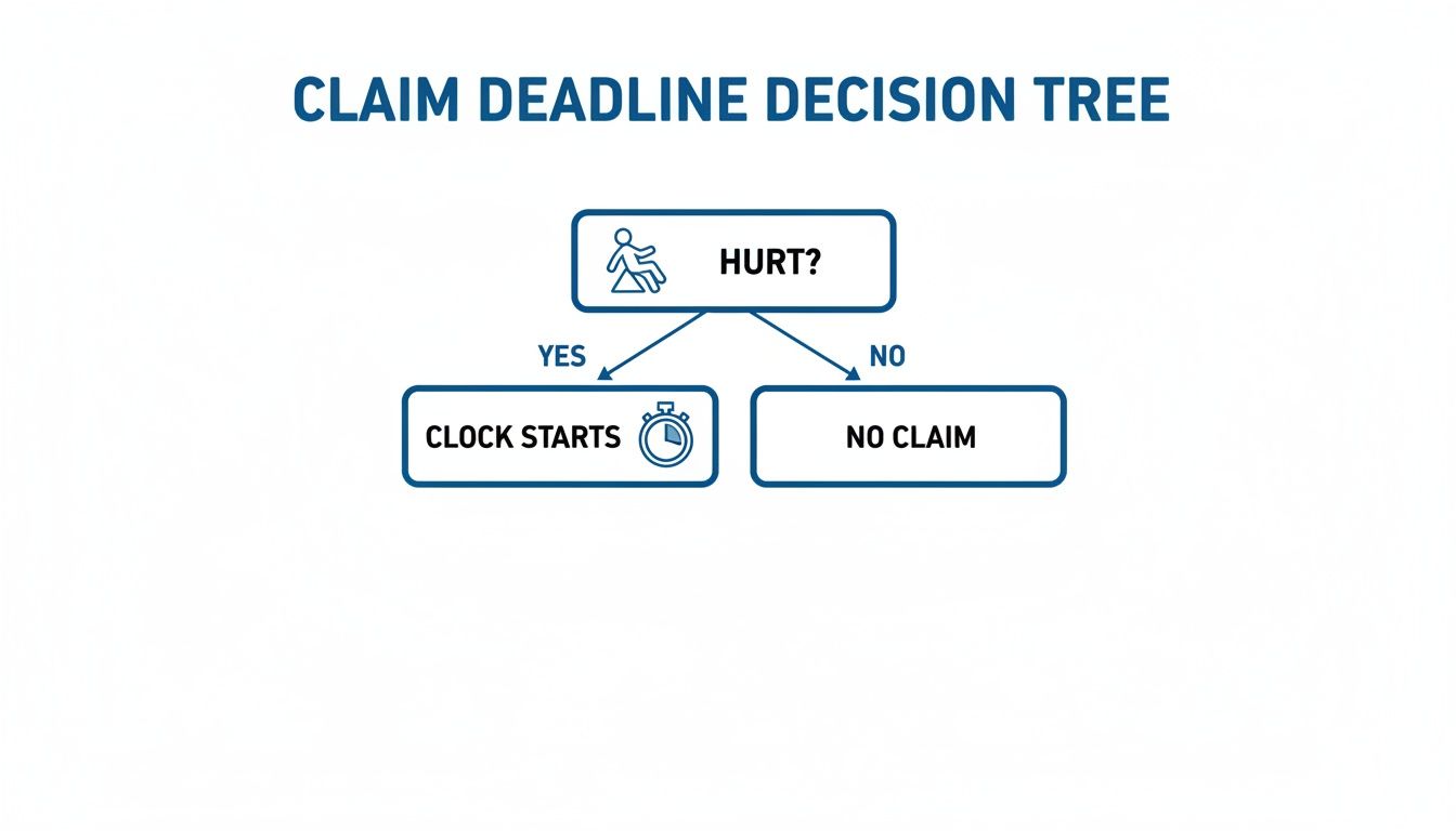 A claim deadline decision tree. Question: Hurt? Yes leads to Clock Starts. No leads to No Claim.