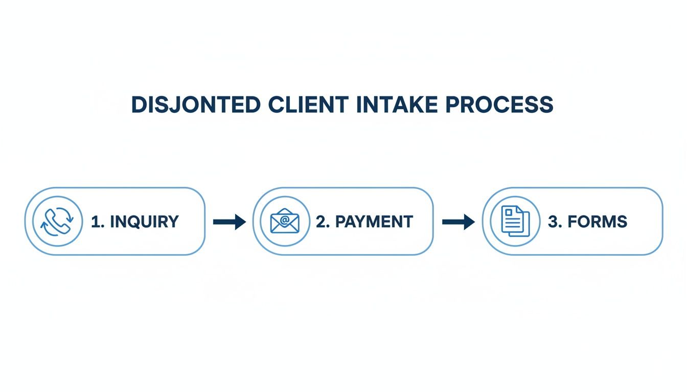 Infographic showing a disjointed client intake process with three steps: inquiry, payment, and forms.