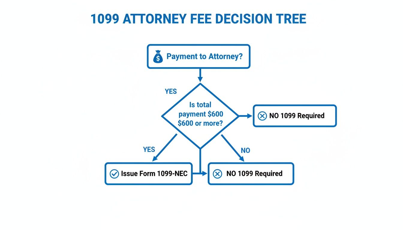 Decision tree flowchart outlining the requirements for issuing a 1099 form for attorney fees.