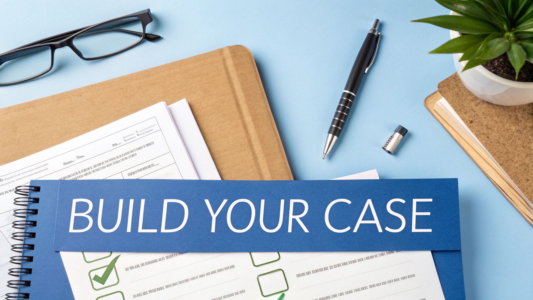 Overhead shot of a desk with documents, glasses, a pen, and a notebook stating 'BUILD YOUR CASE'.