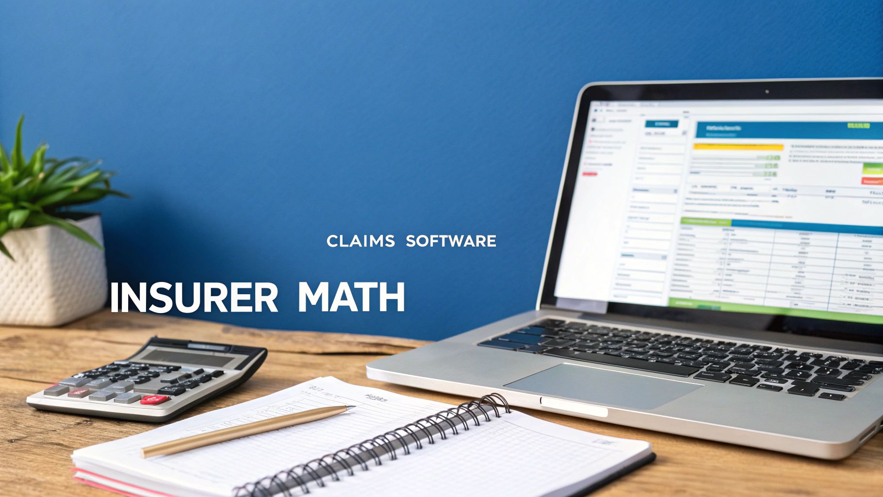 A desk setup with a laptop displaying claims software, a calculator, and notebook, illustrating insurer math.