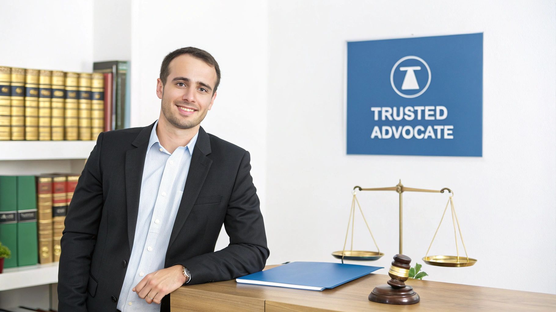 Smiling male lawyer in his office, with a bookshelf, scales of justice, and 'TRUSTED ADVOCATE' sign.
